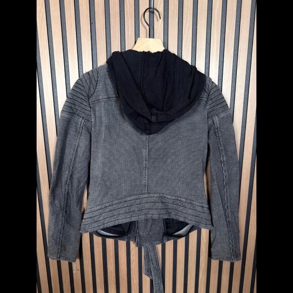 Free People Biker Jacket Medium Gray Black Motorcycle Hooded Belted Railroad - Picture 2 of 7